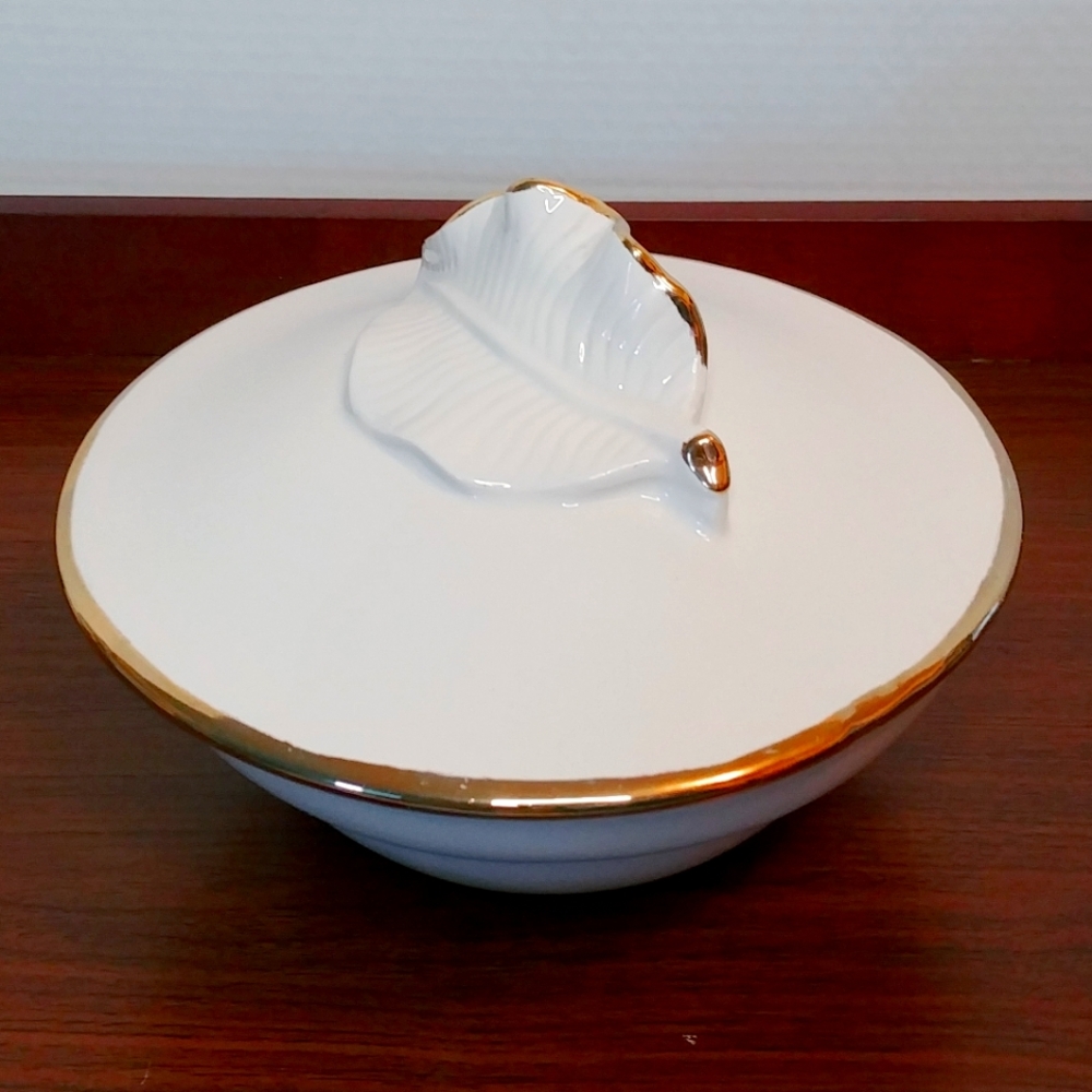 Stunning Gold Trim on White USA Pottery Candy Dish Bowl with Lid Leaf Motif